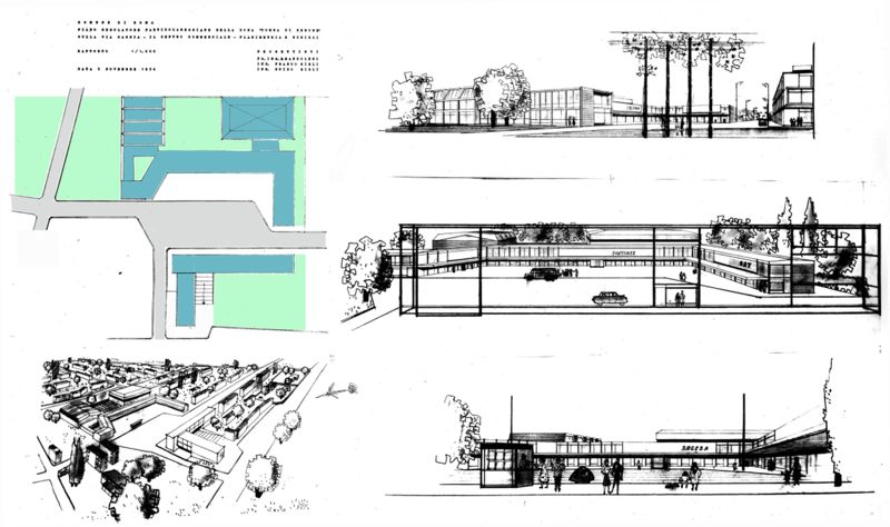 Centro commerciale, planimetrie e schizzi prospettici