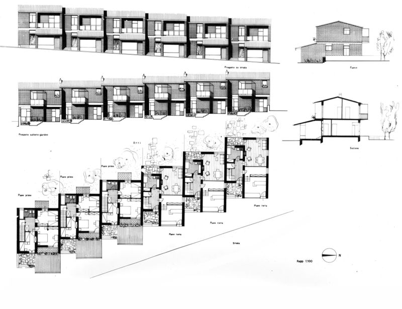 Prospetti, sezioni, piante alloggio tipo E