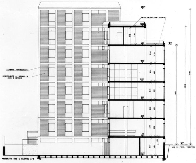 Prospetto sud e sezione A