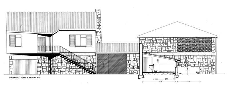 Abitazione e stalle. Prospetto ovest e sezione BB