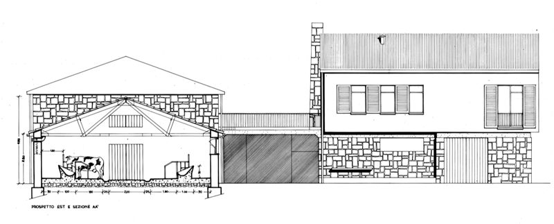 Abitazione e stalle. Prospetto est e sezione AA