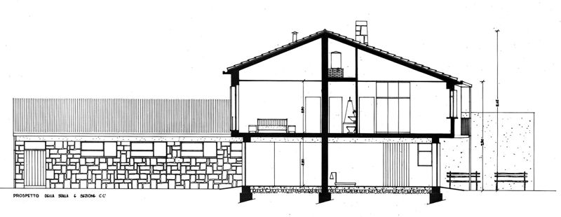 Abitazione e stalle. Prospetto stalla e sezione CC