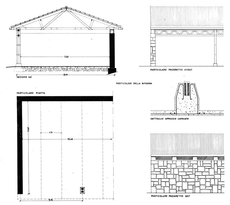 Rimessa. Particolari pianta, prospetto, sezione