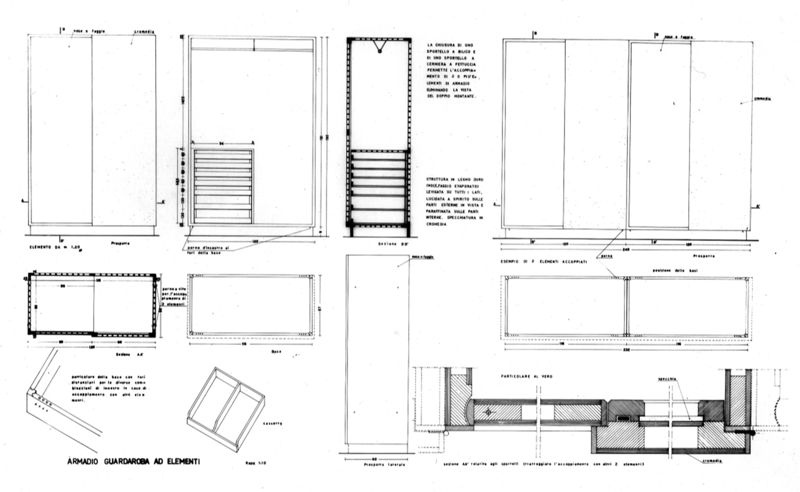 Camera da letto. Pianta, prospetti, sezioni armadio