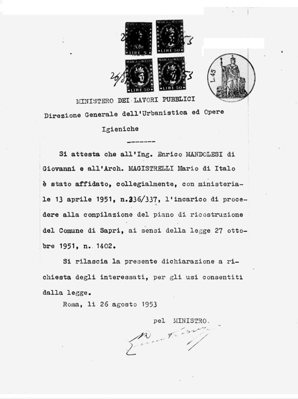 Lettera di incarico del Ministero dei Lavori Pubblici, 26 agosto 1953