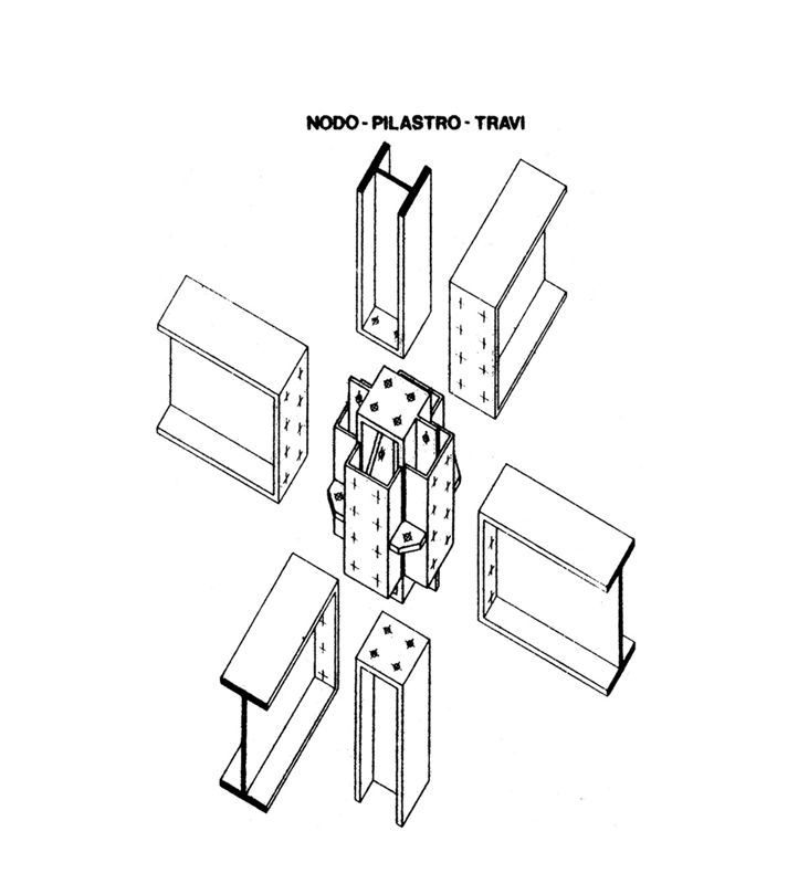 Scheletro portante con nodo scorporato. Correlazione nodo - pilastri - travi