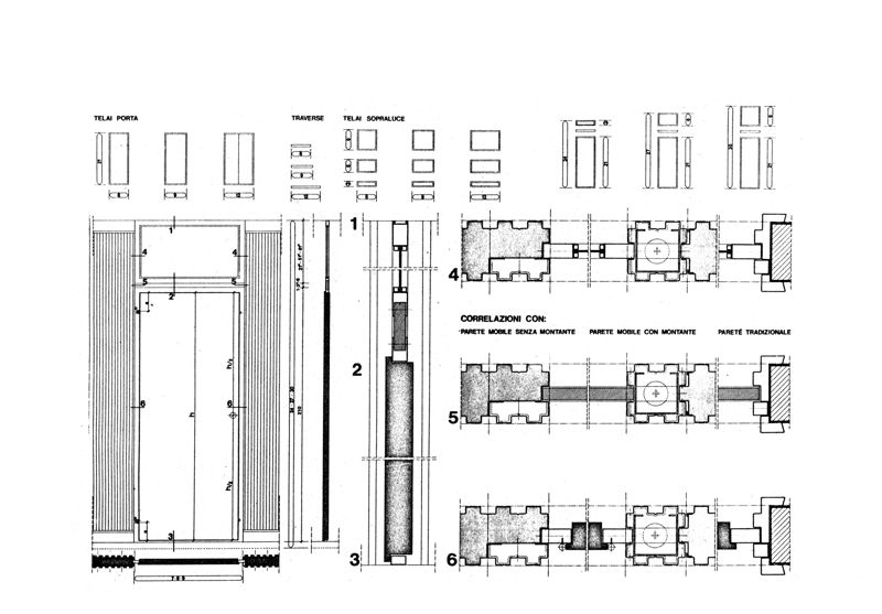 Partizioni interne con montanti e porte con sopraluce, dettagli D- F