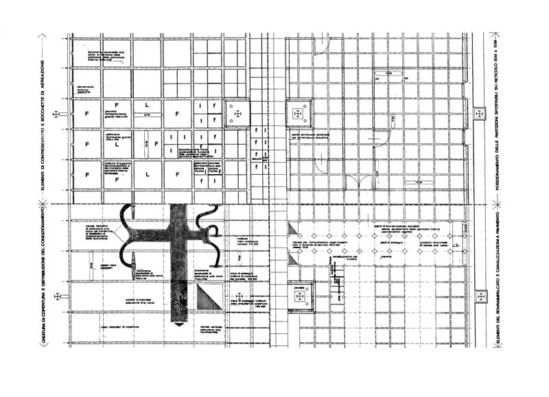 Progetto es. del settore E - Architettura. Stralcio. Pianta con schemi attrezzature e ipografia