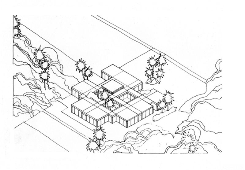 Primary school. Modello a patio. 5 aule. Assonometria