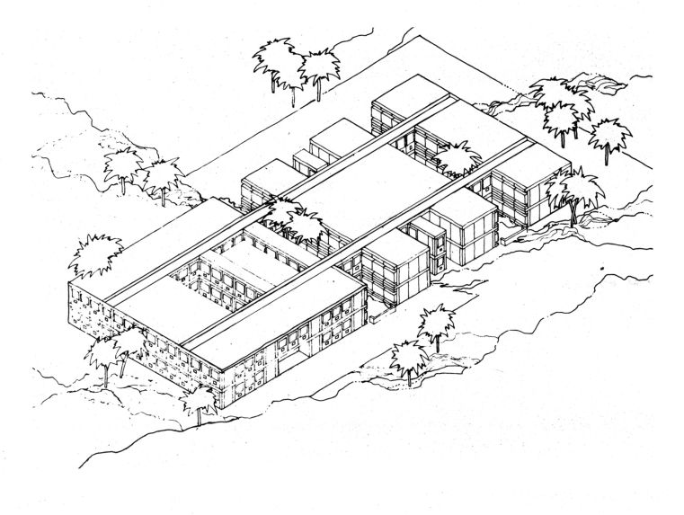 Guidance school. Modello a patio. 24 aule. Assonometria