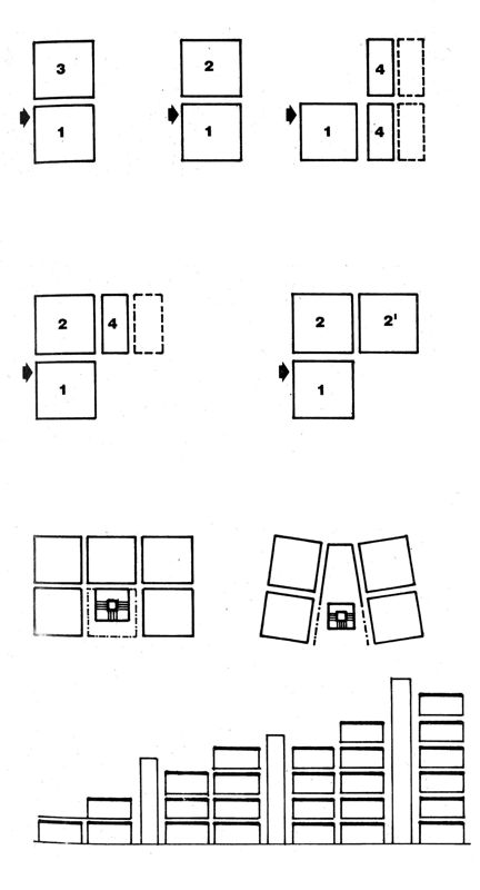 Progettazione procedimento a carré. Alloggi tipo. Correlazione con corpo scala. Skyline