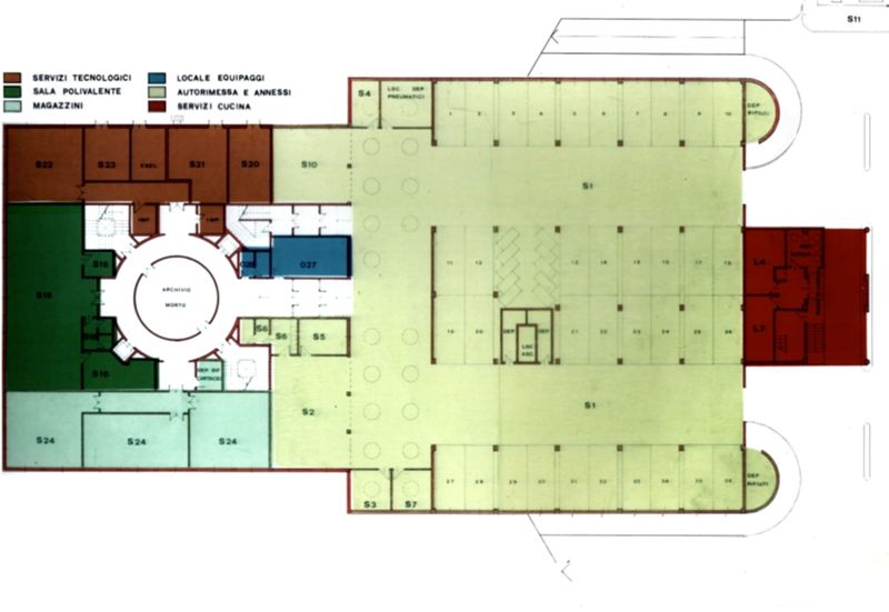 Studio di fattibilità. Studio distributivo funzionale delle zone operativa e logistica. Pianta piano seminterrato con destinazione d'uso