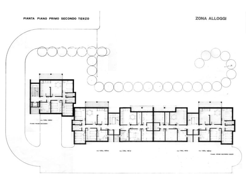 Studio di fattibilità. Studio zona alloggi familiari a livello funzionale e costruttivo. Pianta edificio A, piani primo-terzoterra