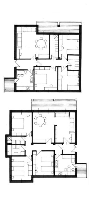 Studio di fattibilità. Studio zona alloggi familiari a livello funzionale e costruttivo. Edificio A, tipi di alloggio