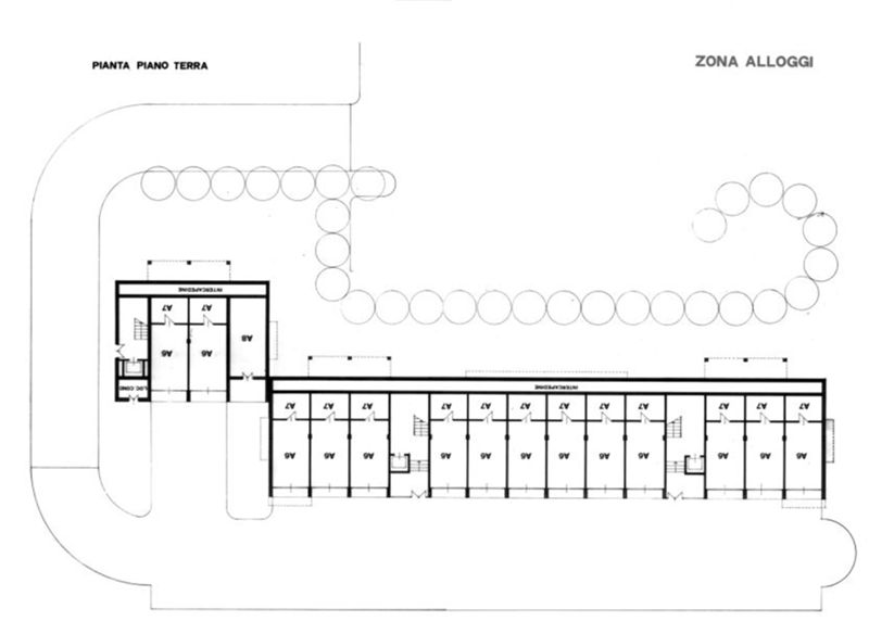 Studio di fattibilità. Studio zona alloggi familiari a livello funzionale e costruttivo. Pianta edificio A, piano terra