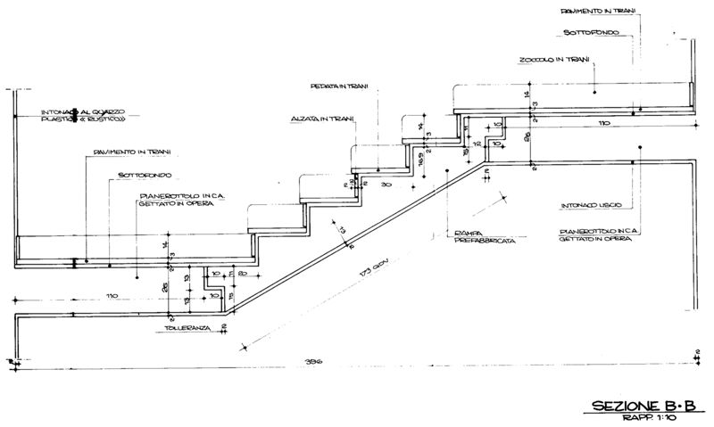 Progetto di massima. Zona logistica. Scala principale, sezione rampa