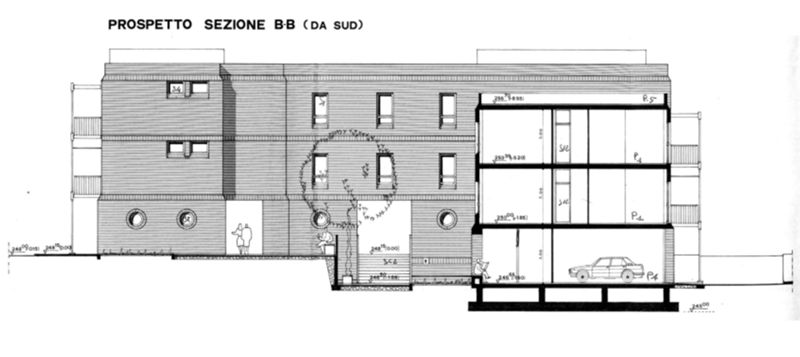 Progetto di massima. Zona alloggi. Prospetto-sezione BB (da sud)