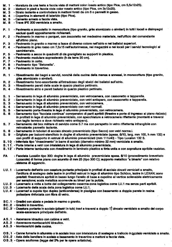 Progetto esecutivo zona operativa. Disegni per cicli di lavorazione. Legenda