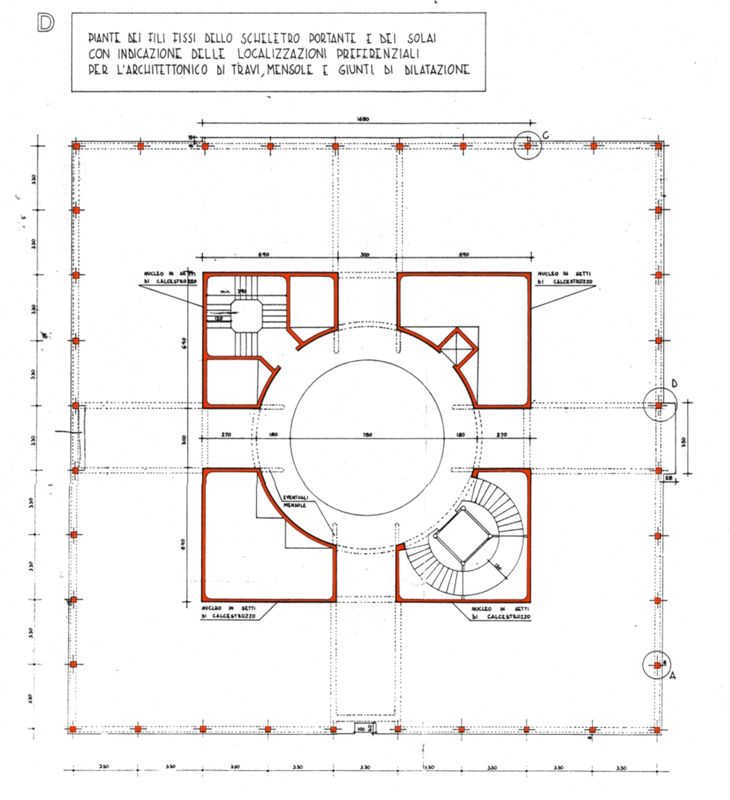 Progetto esecutivo zona operativa. Disegni per cicli di lavorazione. Pianta ossatura portante in c.a.