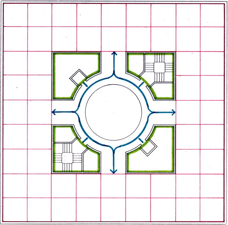 Progetto esecutivo zona operativa. Disegni del nucleo servente in corrispondenza dell'atrio. Pianta