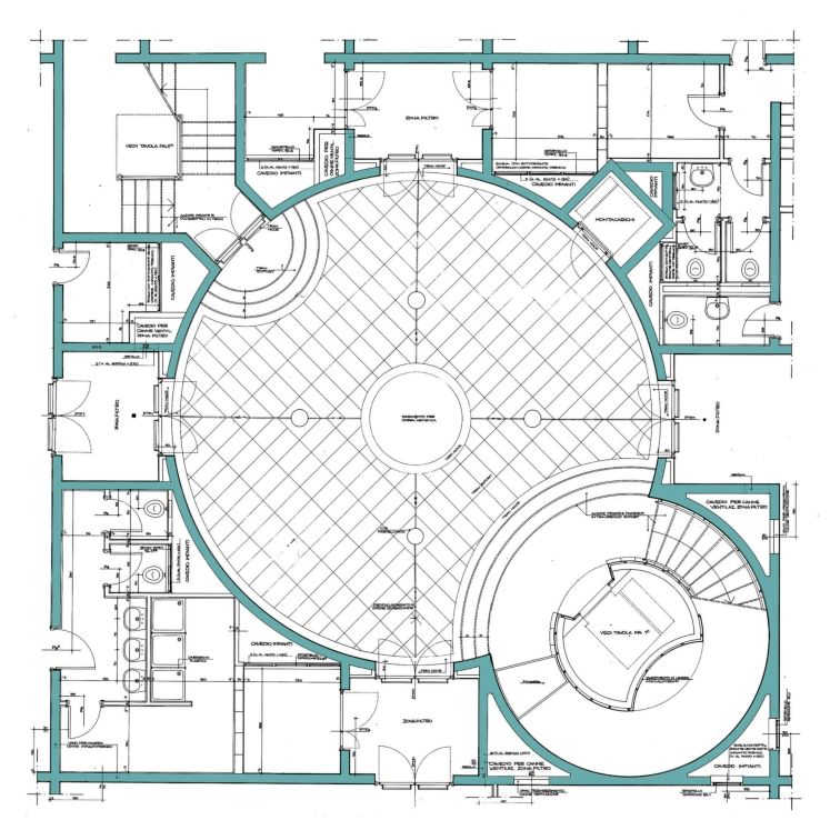 Progetto esecutivo zona operativa. Disegni del nucleo servente in corrispondenza dell'atrio. Pianta seminterrato