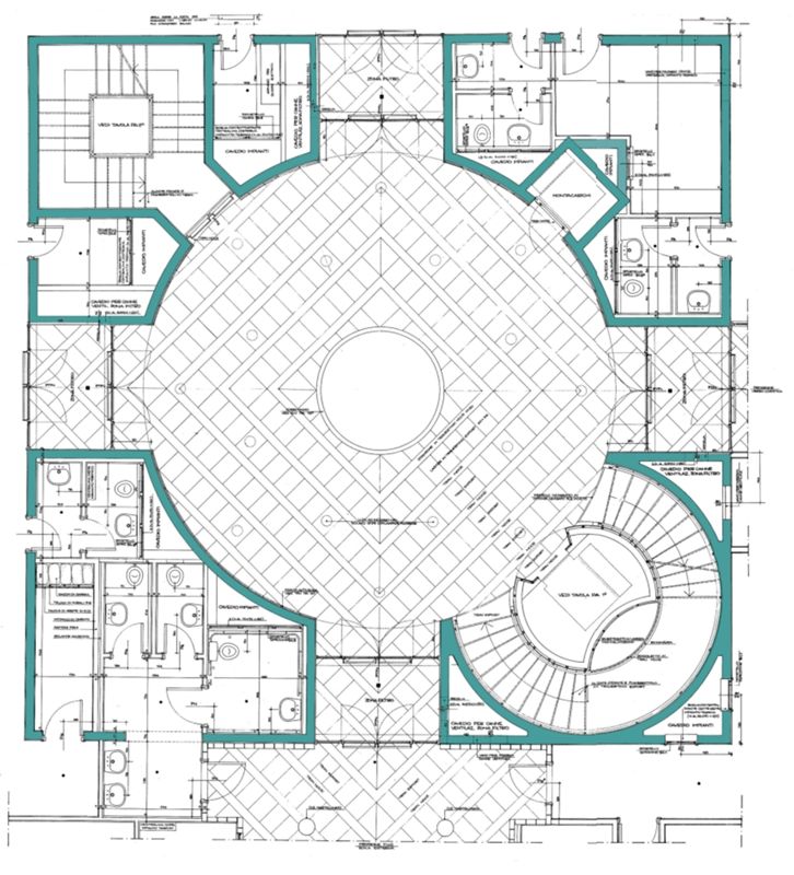 Progetto esecutivo zona operativa. Disegni del nucleo servente in corrispondenza dell'atrio. Pianta piano rialzato