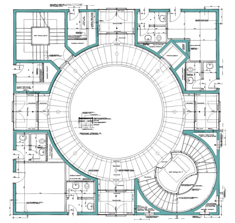 Progetto esecutivo zona operativa. Disegni del nucleo servente in corrispondenza dell'atrio. Pianta piano primo