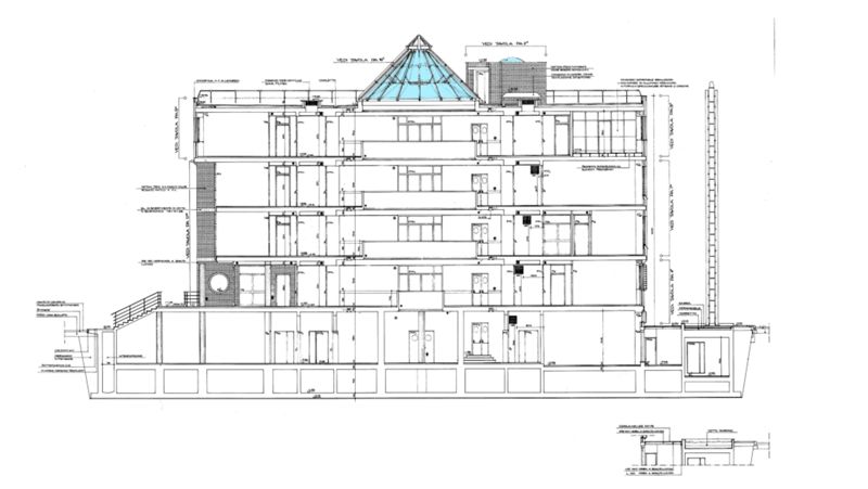 Progetto esecutivo zona operativa. Disegni del nucleo servente in corrispondenza dell'atrio. Sezione est-ovest