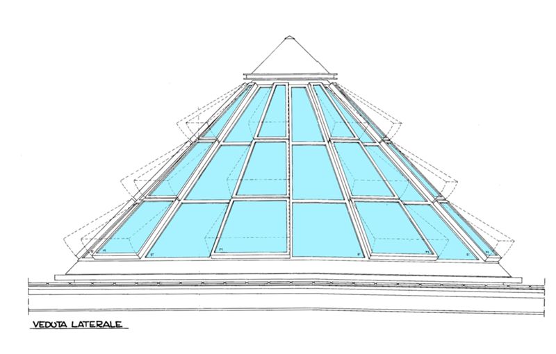 Progetto esecutivo zona operativa. Lucernario dell'atrio, veduta laterale