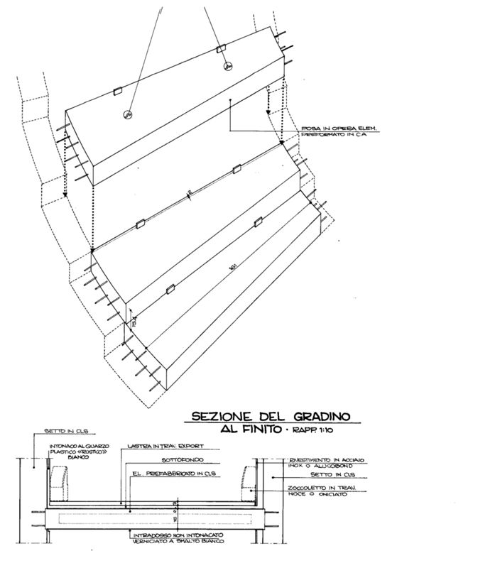 Progetto esecutivo zona operativa. Scala principale, dettagli costruttivi gradino