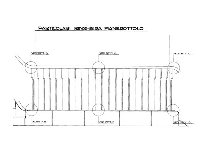 Progetto esecutivo zona operativa. Scala principale, dettagli costruttivi ringhiera