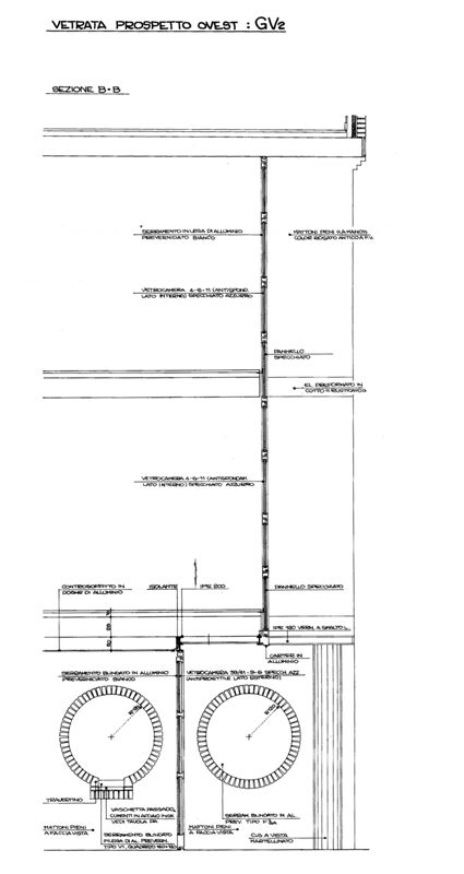 Progetto esecutivo zona operativa. Vetrata prospetto ovest, sezione